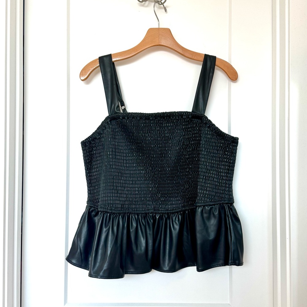 Black Faux Leather Smocked Peplum Top